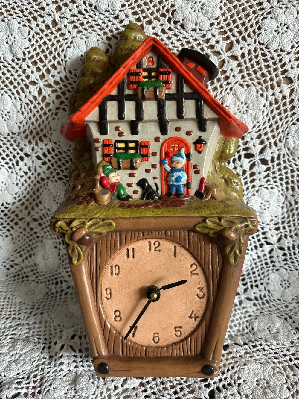 Vintage working 1973 Whimsical Cottage/Alpine Atlantic Mold Wall Clock